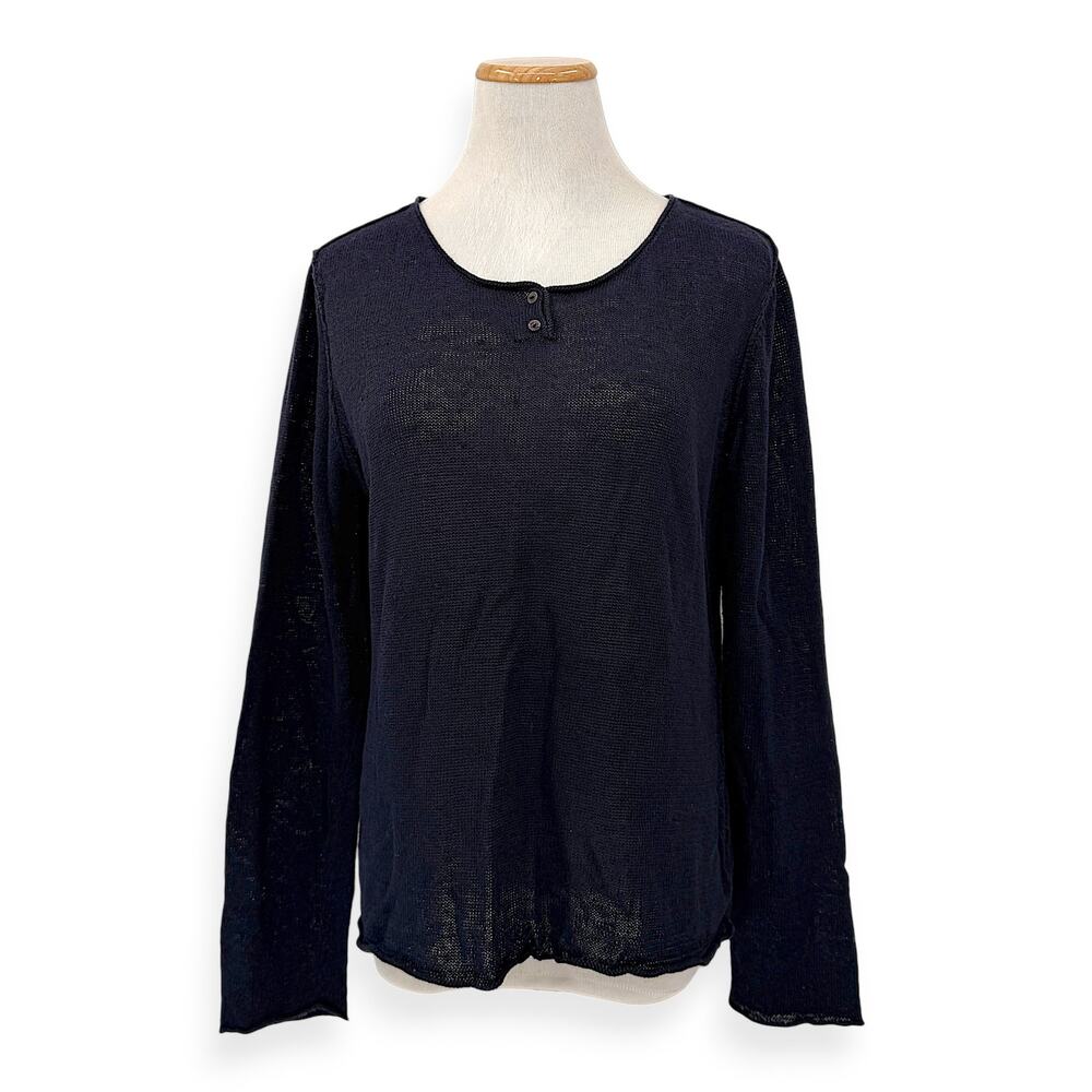 Eileen Fisher | PL | Navy Blue 100% Organic Linen Loose Slubbed Knit Henley Top
